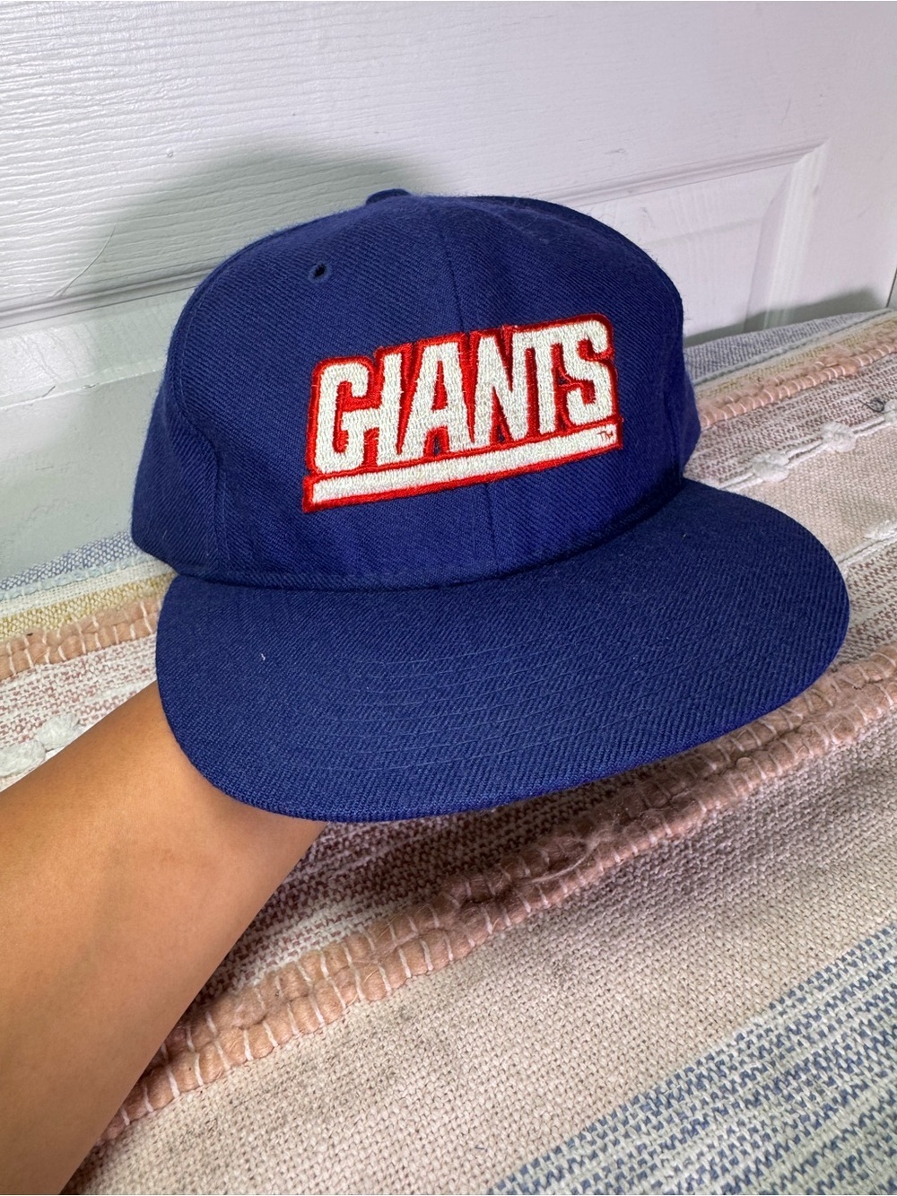 Vintage New Era Giants Blue Snapback Hat with White Tag and Red Logo Print